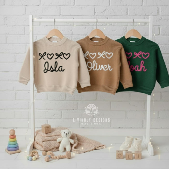 Personalized Baby Name Sweater with Bows & Hearts
