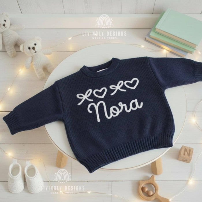 Personalized Baby Name Sweater with Bows & Hearts