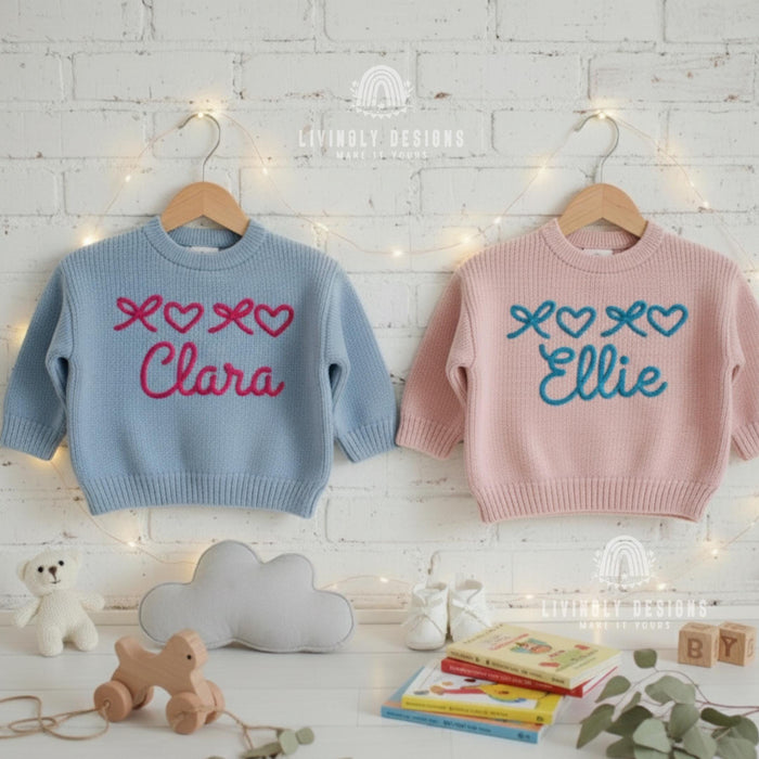 Personalized Baby Name Sweater with Bows & Hearts