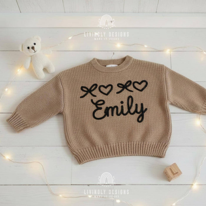 Personalized Baby Name Sweater with Bows & Hearts