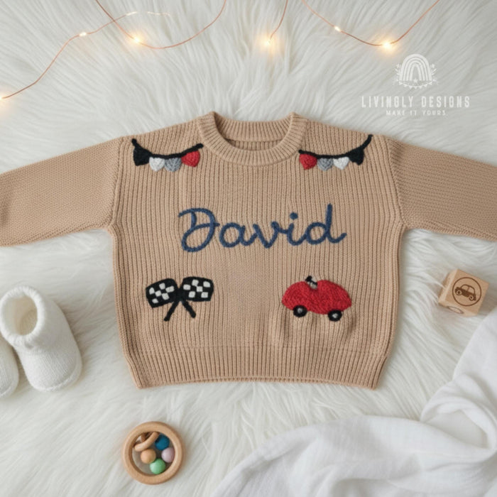 Custom Name Kids Racing Car Sweater