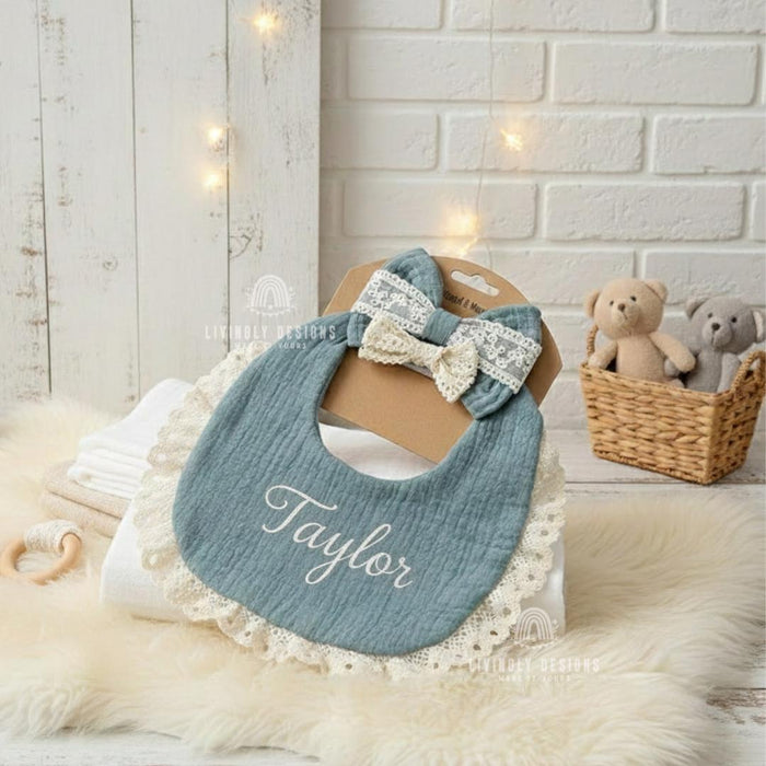 Personalized Name Baby Bib & Bow Set