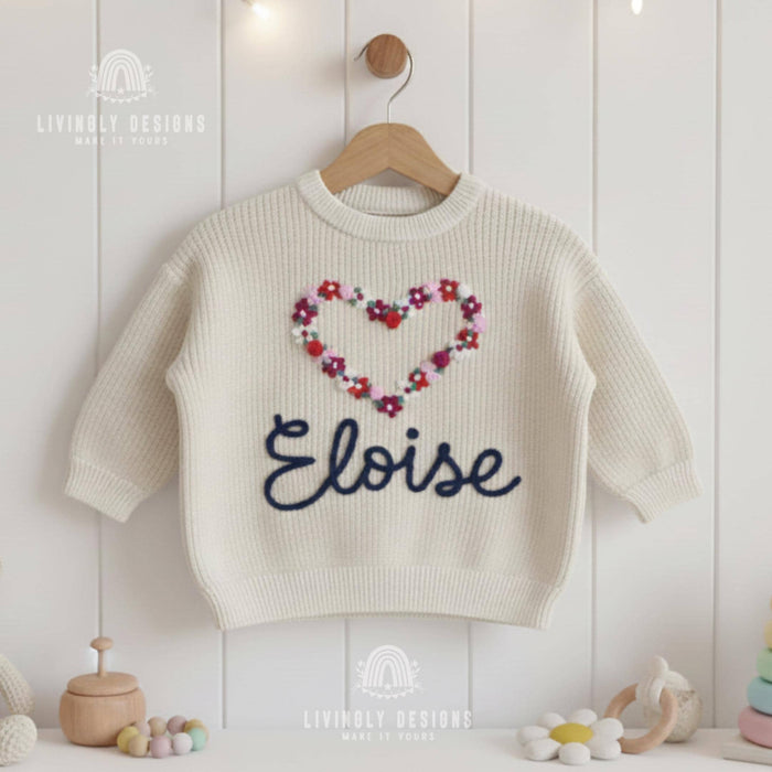 Personalized Name Girls Flower Heart Embroidered Jumper