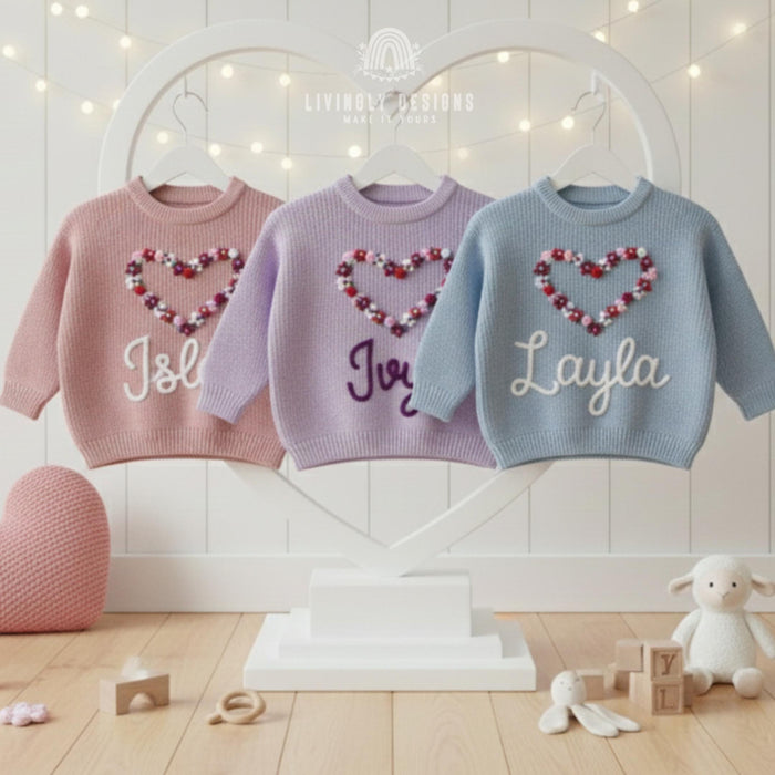 Personalized Name Girls Flower Heart Embroidered Jumper