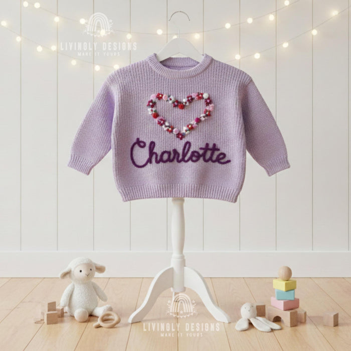Personalized Name Girls Flower Heart Embroidered Jumper
