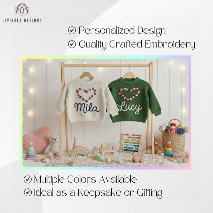 Personalized Name Girls Flower Heart Embroidered Jumper