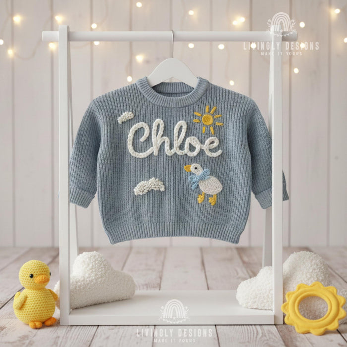 Personalized Name Clouds & Duckling Embroidered Baby Jumper