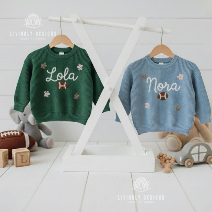 Personalized Name Football & Flowers Embroidered Baby Jumper:  Knit Sweater Custom Toddler Pullover Sports Keepsake