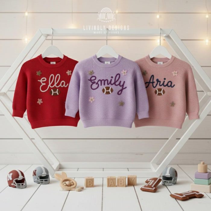 Personalized Name Football & Flowers Embroidered Baby Jumper:  Knit Sweater Custom Toddler Pullover Sports Keepsake