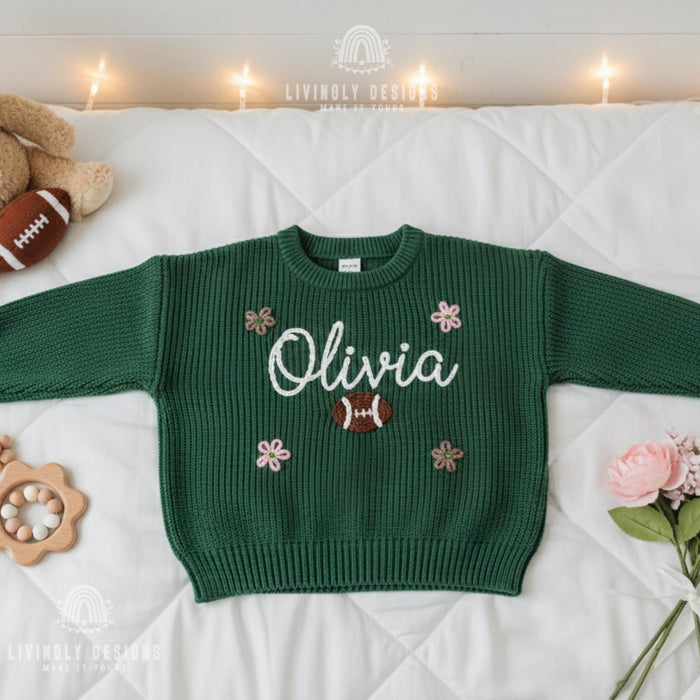 Personalized Name Football & Flowers Embroidered Baby Jumper:  Knit Sweater Custom Toddler Pullover Sports Keepsake