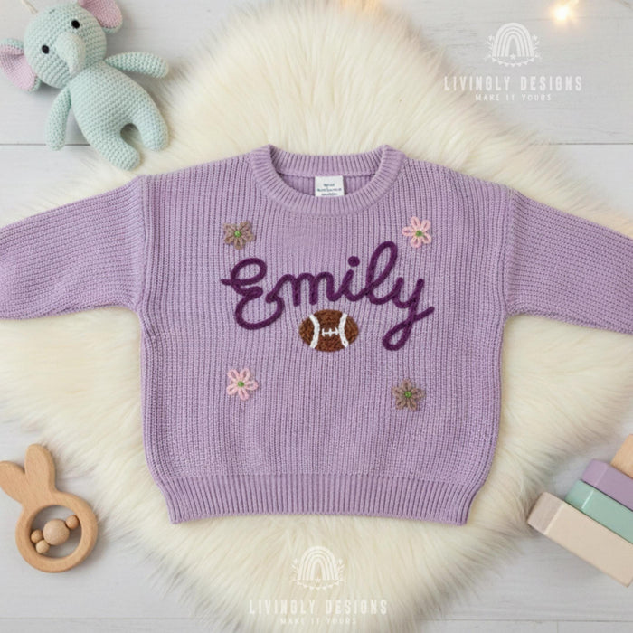 Personalized Name Football & Flowers Embroidered Baby Jumper:  Knit Sweater Custom Toddler Pullover Sports Keepsake