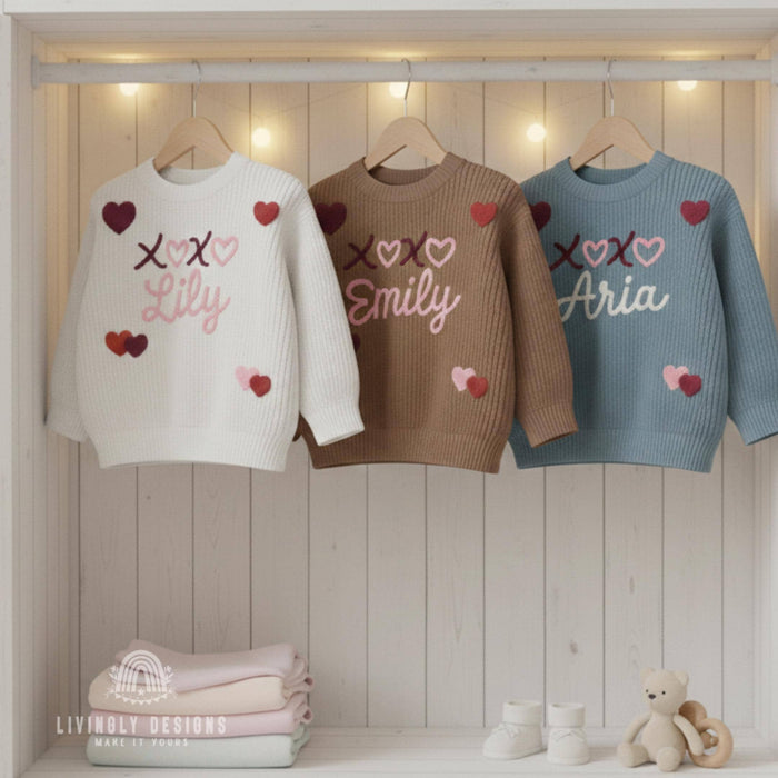 Personalized Embroidered Kids Sweater with Hearts & Kisses
