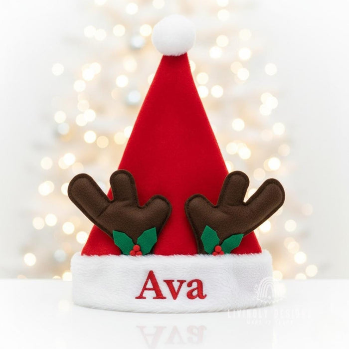 Custom Name Reindeer Christmas Hat with Antlers