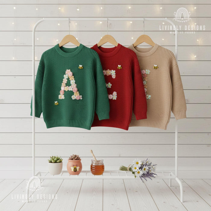 Personalized Floral Monogram Bee Accent Sweater