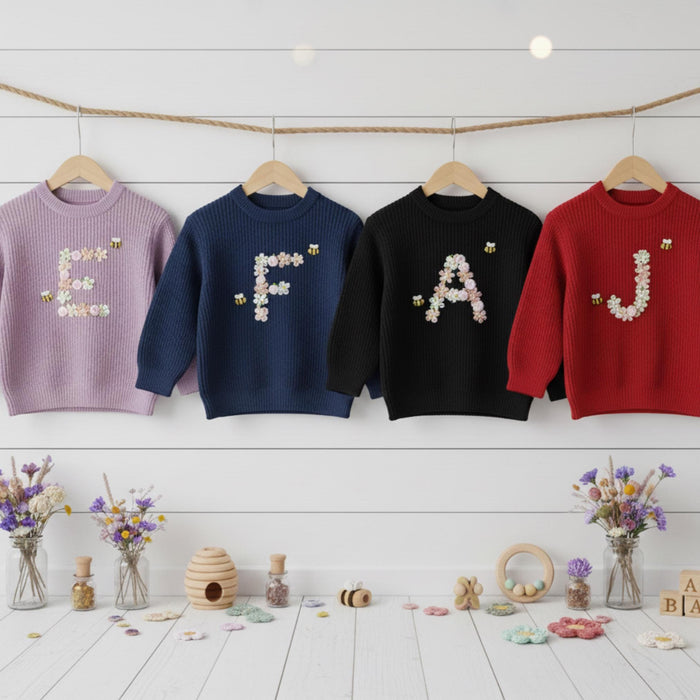 Personalized Floral Monogram Bee Accent Sweater