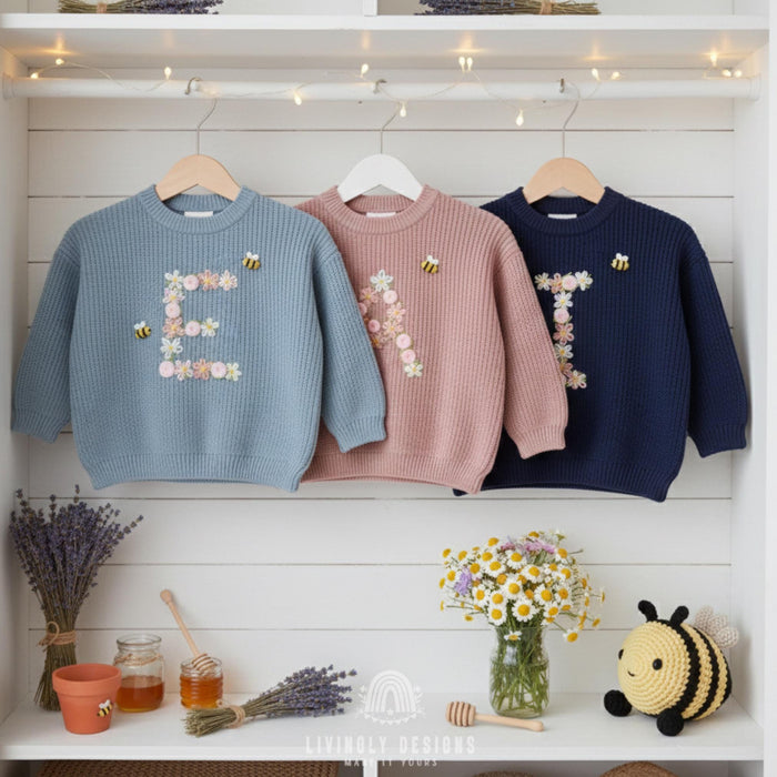 Personalized Floral Monogram Bee Accent Sweater