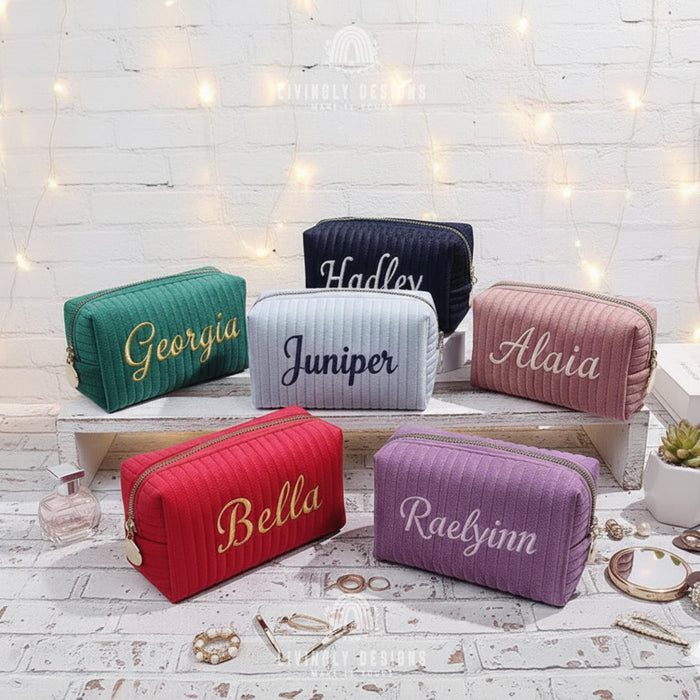 Custom Name Small Quilted Corduroy Travel Makeup Pouch Organizer Gift