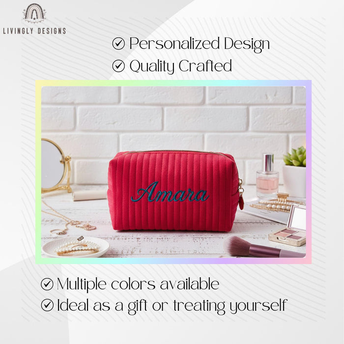 Custom Name Small Quilted Corduroy Travel Makeup Pouch Organizer Gift