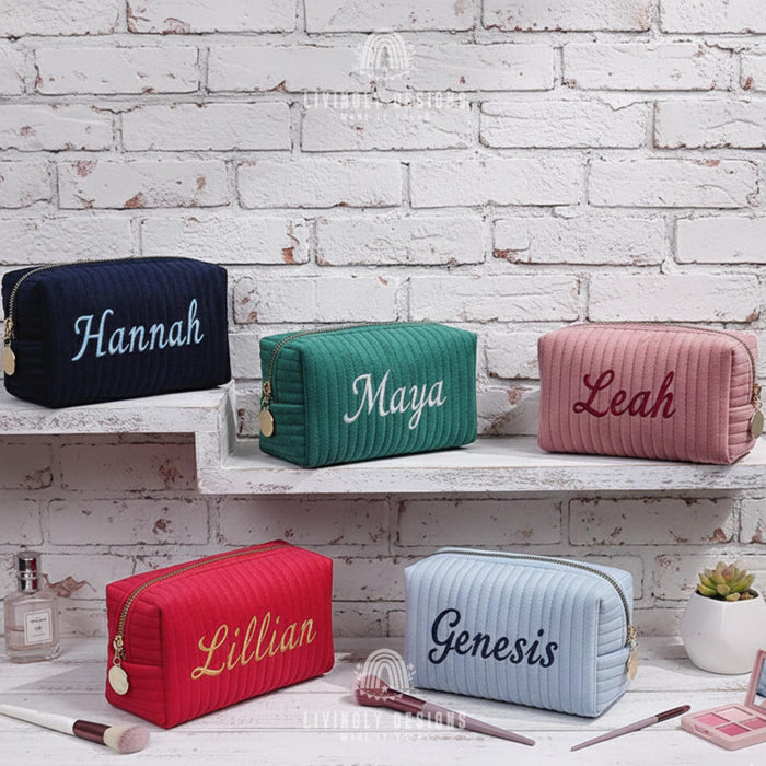Custom Name Small Quilted Corduroy Travel Makeup Pouch Organizer Gift
