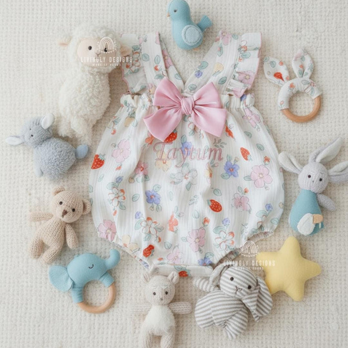 Personalized Baby Girl Romper with Name Floral with Bow