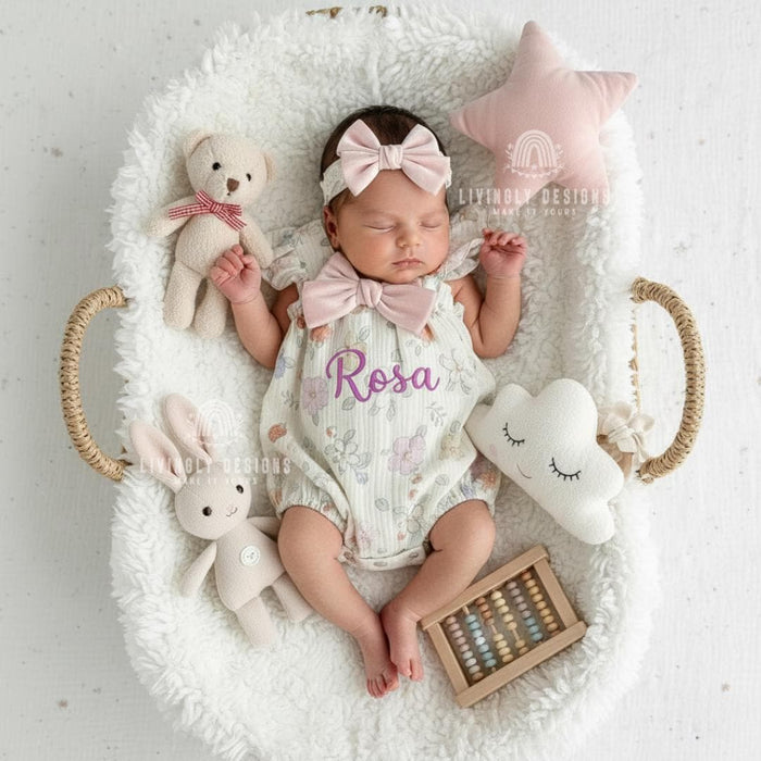 Personalized Baby Girl Romper with Name Floral with Bow