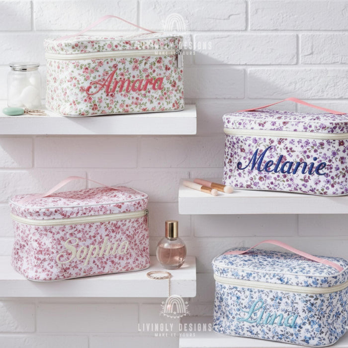 Custom Name Floral Makeup Bag Cosmetic Case