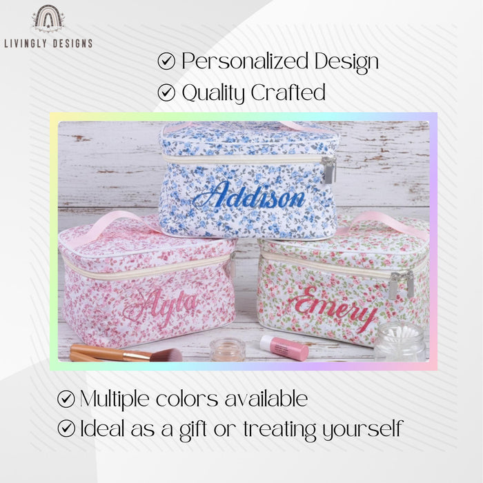 Custom Name Floral Makeup Bag Cosmetic Case