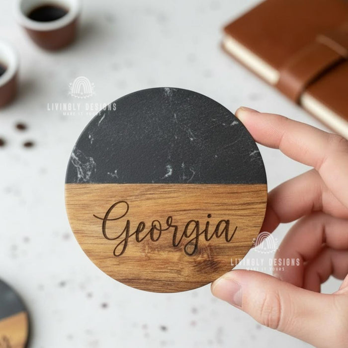 Personalized Name Marble Wood Hexagon Coasters