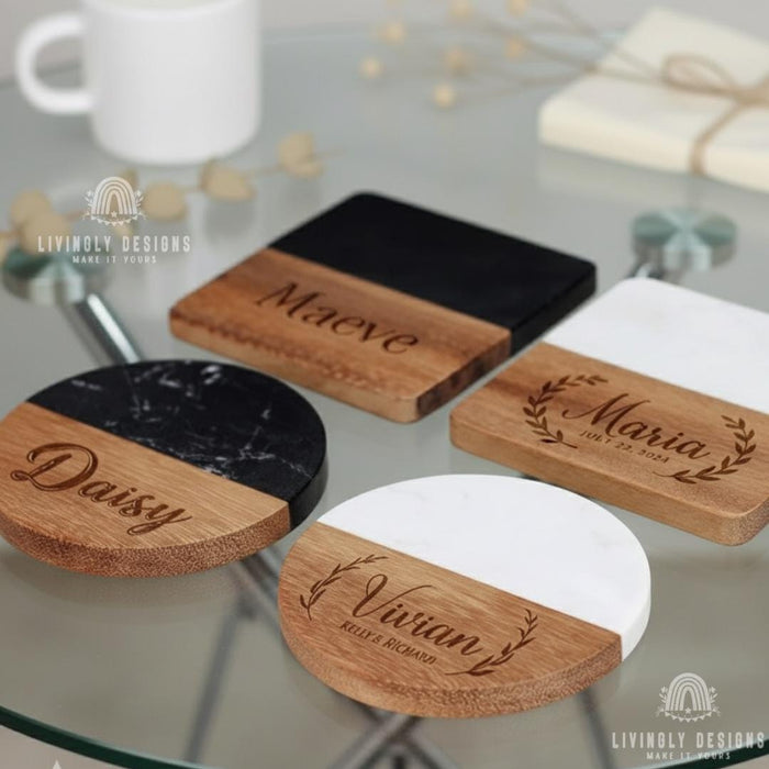 Personalized Name Marble Wood Hexagon Coasters