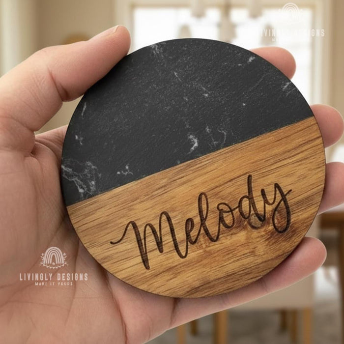 Personalized Name Marble Wood Hexagon Coasters