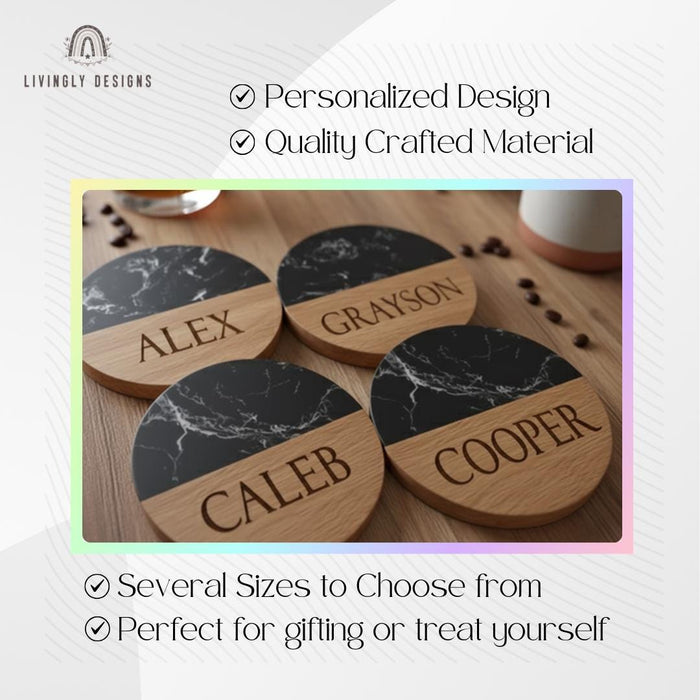 Personalized Name Marble Wood Hexagon Coasters