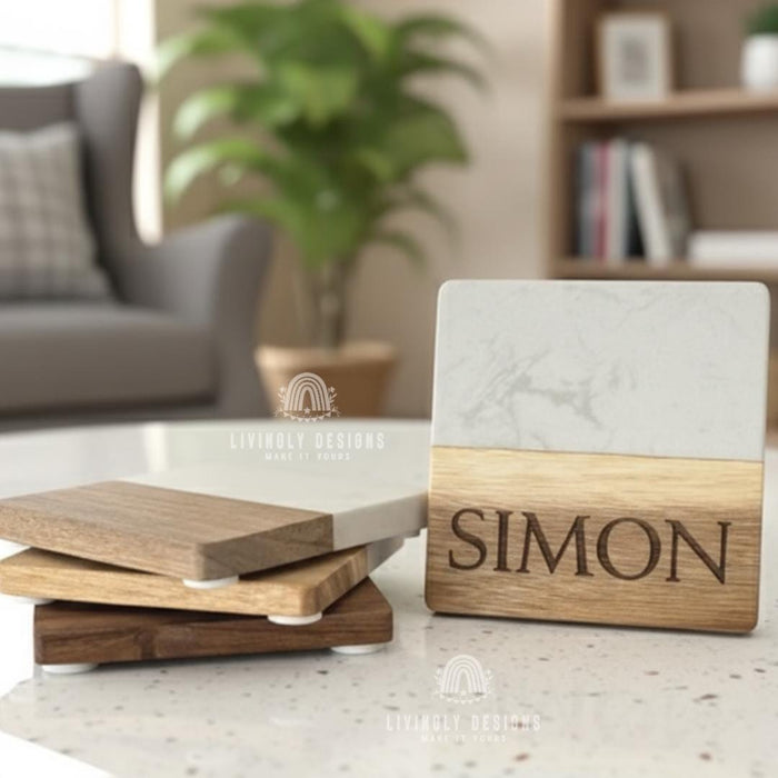 Personalized Name Marble Wood Hexagon Coasters