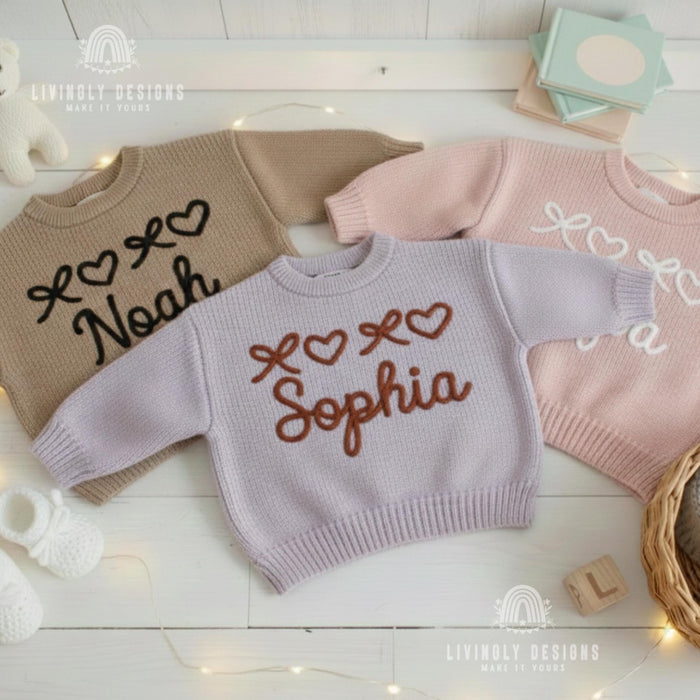 Personalized Baby Name Sweater with Bows & Hearts