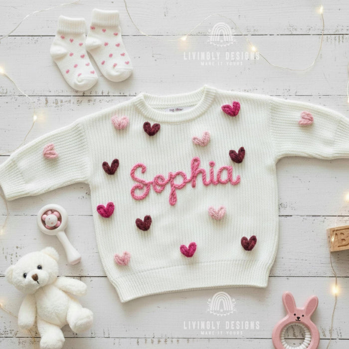 Colorful Hearts & Name Embroidered Baby/Kids Jumper