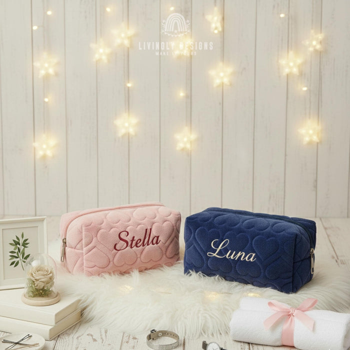 Personalized Name Embroidered Makeup Bag with Hearts