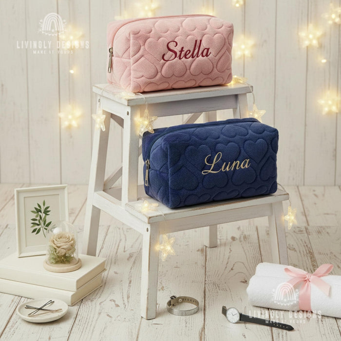Personalized Name Embroidered Makeup Bag with Hearts