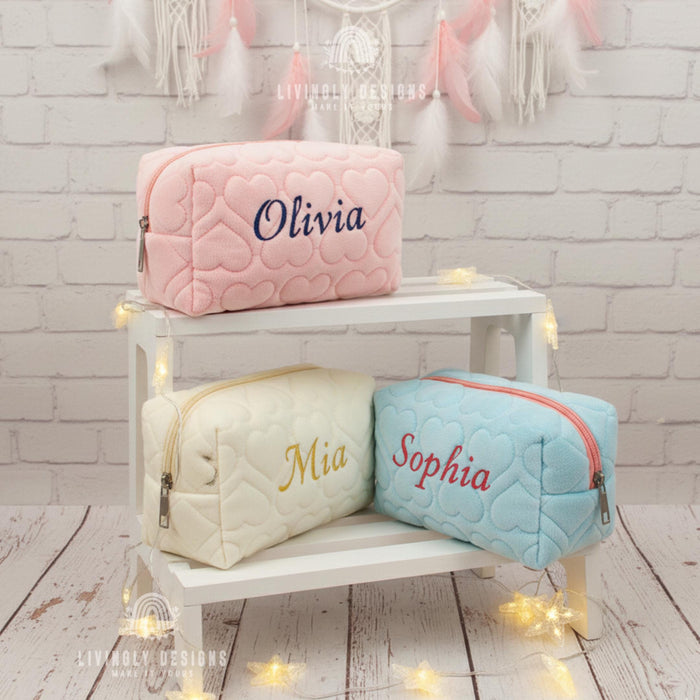 Personalized Name Embroidered Makeup Bag with Hearts