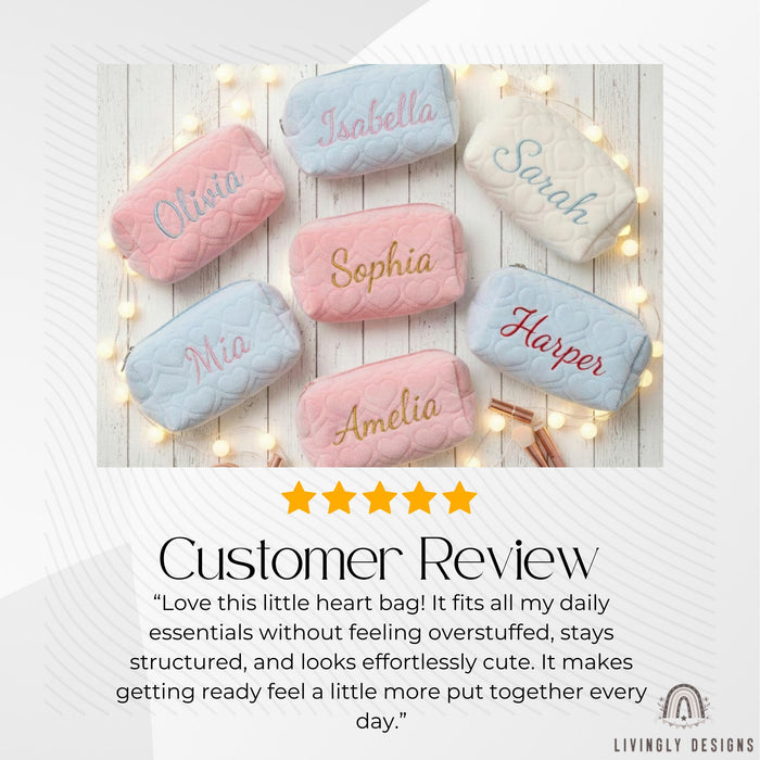 Personalized Name Embroidered Makeup Bag with Hearts