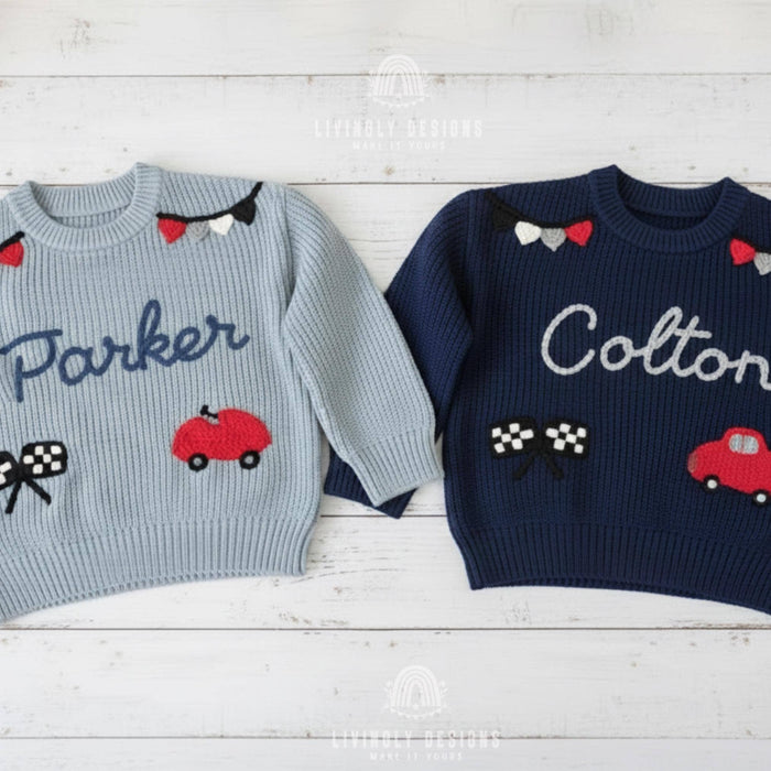 Custom Name Kids Racing Car Sweater