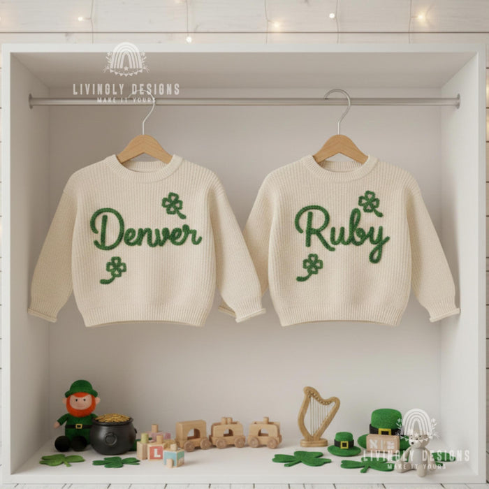 Personalized St Patrick's Day Sweater Shamrock Embroidered