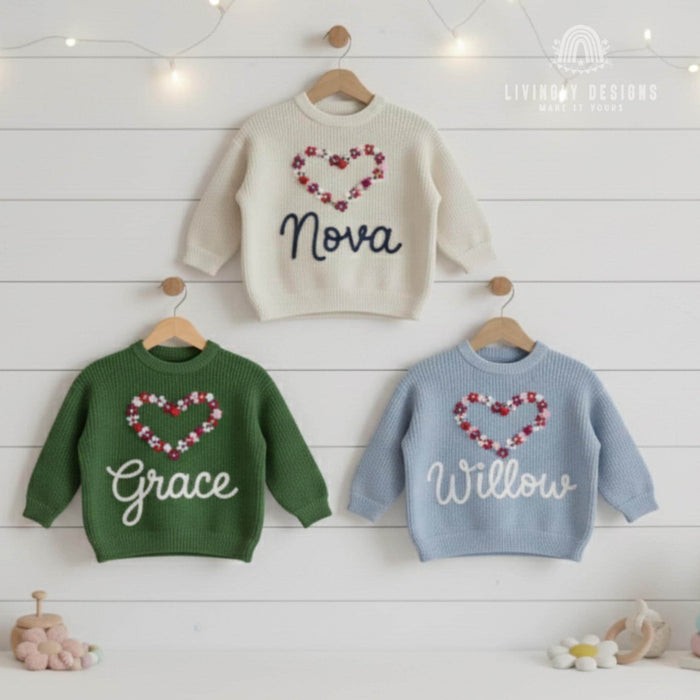 Personalized Name Girls Flower Heart Embroidered Jumper
