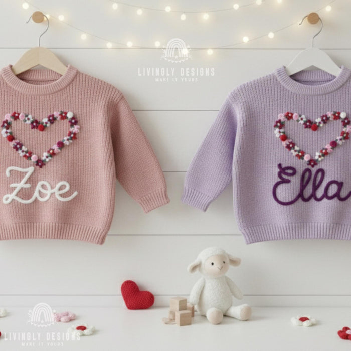 Personalized Name Girls Flower Heart Embroidered Jumper