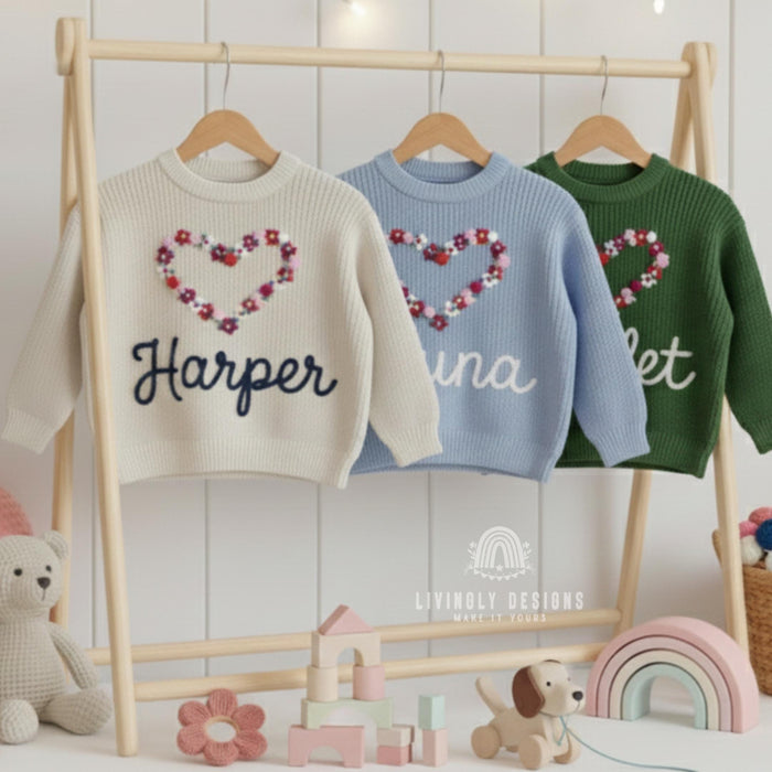 Personalized Name Girls Flower Heart Embroidered Jumper