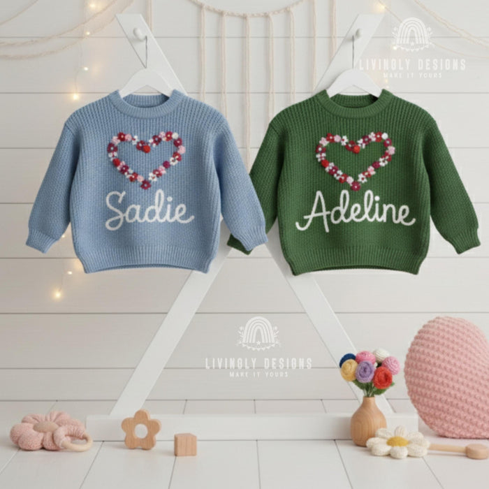 Personalized Name Girls Flower Heart Embroidered Jumper