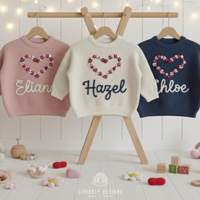 Personalized Name Girls Flower Heart Embroidered Jumper
