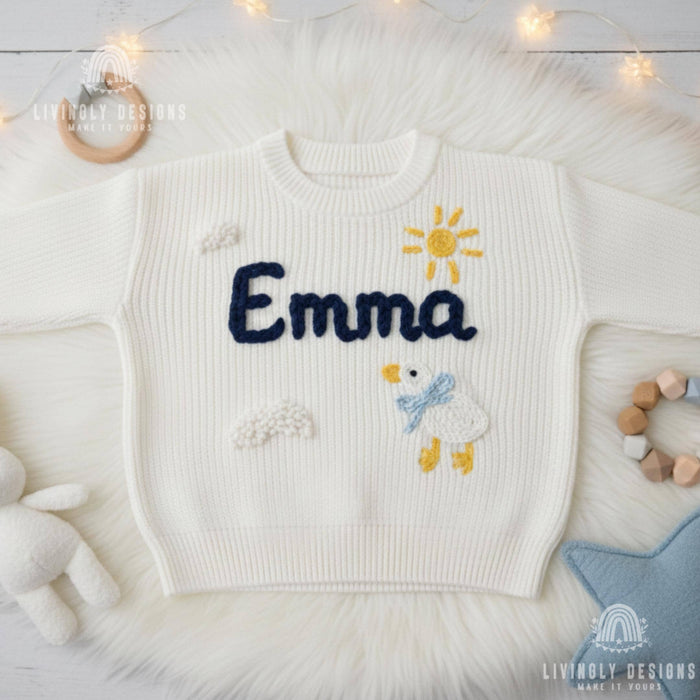 Personalized Name Clouds & Duckling Embroidered Baby Jumper