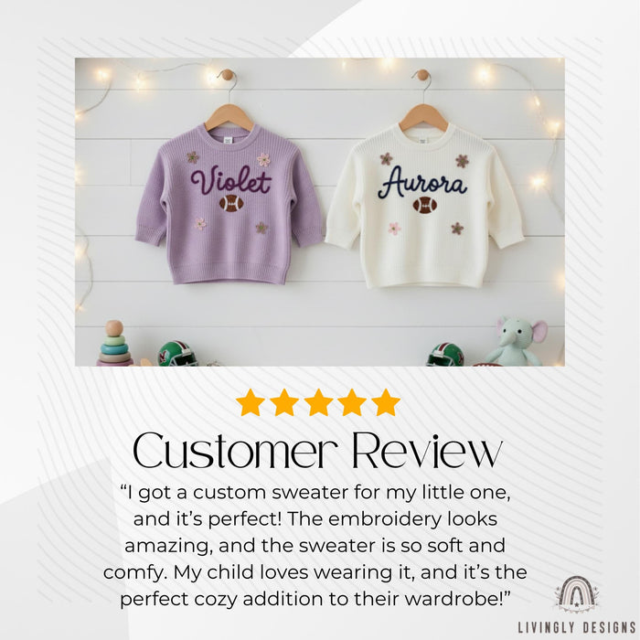 Personalized Name Football & Flowers Embroidered Baby Jumper:  Knit Sweater Custom Toddler Pullover Sports Keepsake