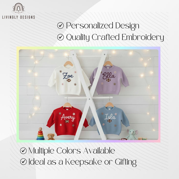 Personalized Name Football & Flowers Embroidered Baby Jumper:  Knit Sweater Custom Toddler Pullover Sports Keepsake