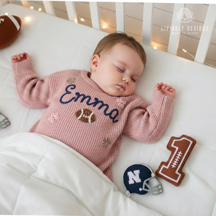 Personalized Name Football & Flowers Embroidered Baby Jumper:  Knit Sweater Custom Toddler Pullover Sports Keepsake