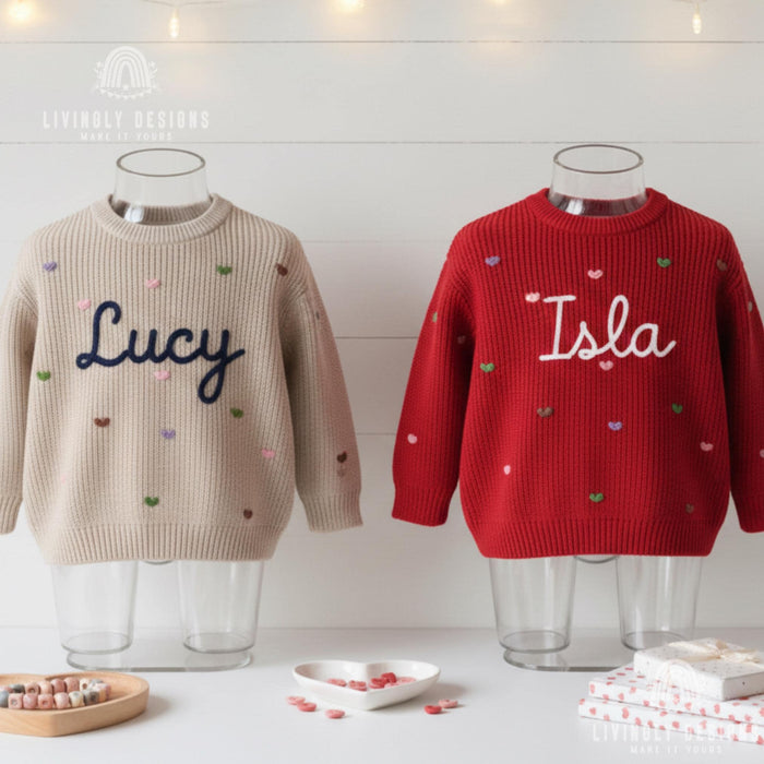 Embroidered Name Baby/Kids Sweater with Pastel Hearts